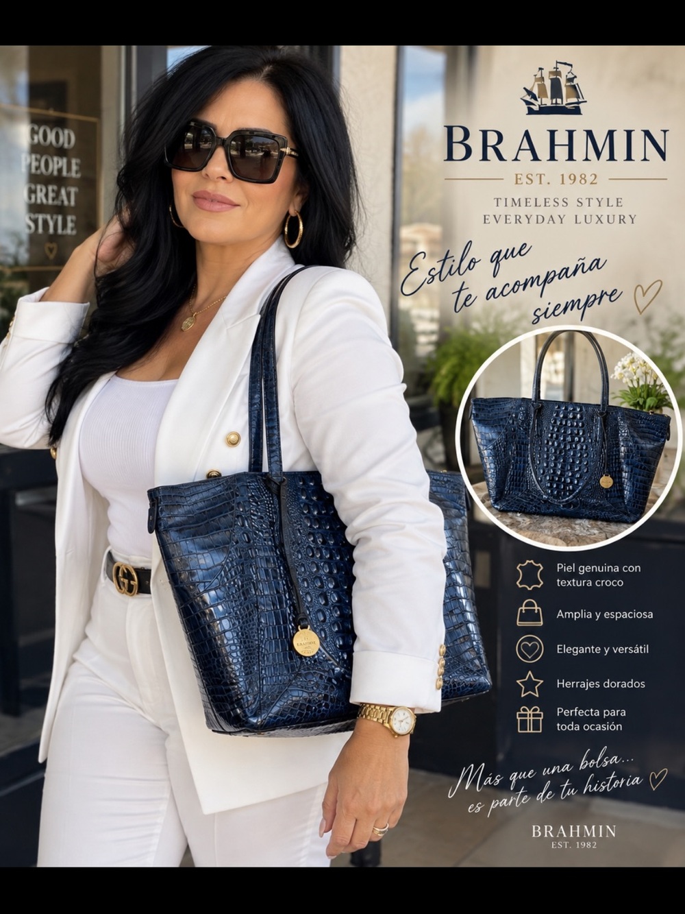 Brahmin Deep Navy Croc-Embossed Leather Tote